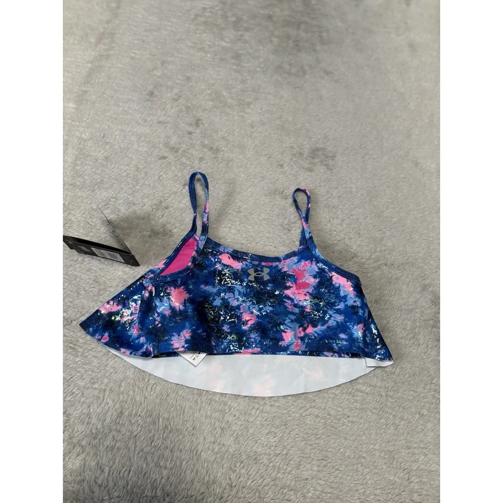 New Under‎ Armour Girls 12 Photon Blue Pink Swim Suit Top Only UPF 50 - Picture 2 of 9